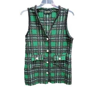 Spoon Jeans Green Plaid Pearl Button Vest Women’s Size L